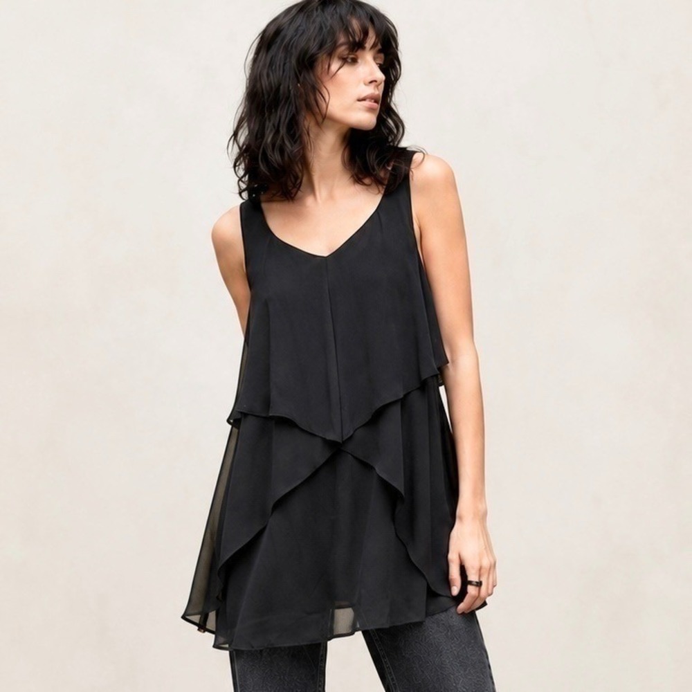 Pins Needles Tunic Top Black Layered Chiffon Minimalist Dark Academia Goth Prep